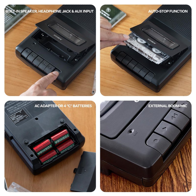 COBY مشغل كاسيت محمول من كوفي ومسجل كاسيت مع ميكروفون مدمج، مقبض مدمج، وتسجيل بضغطة واحدة مع إيقاف تلقائي (قياسي) - Image 3