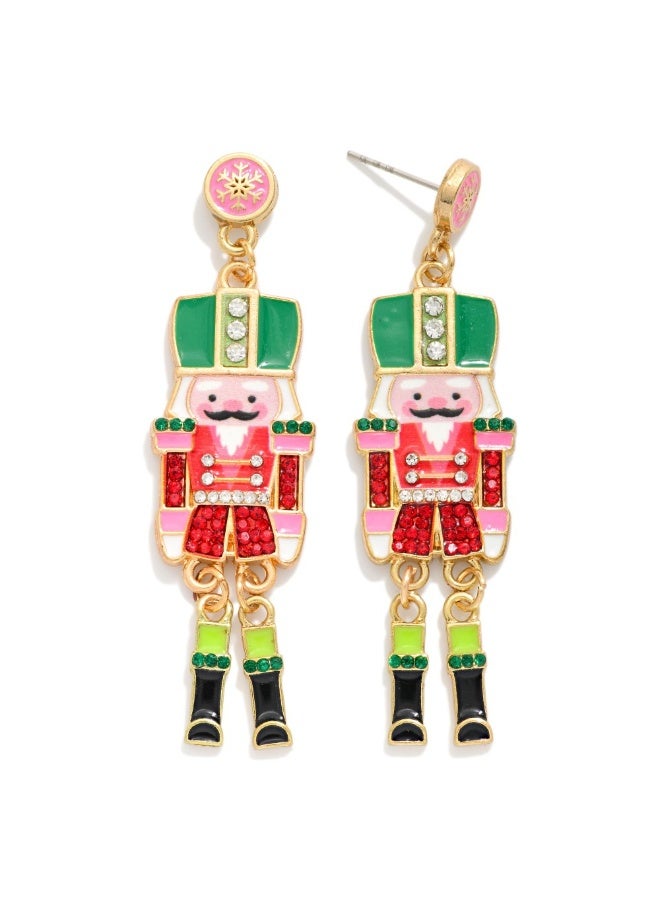 FOLAI Christmas Holiday Nutcracker Earrings Enamel and Rhinestones Dangly In Pinks - Image 1