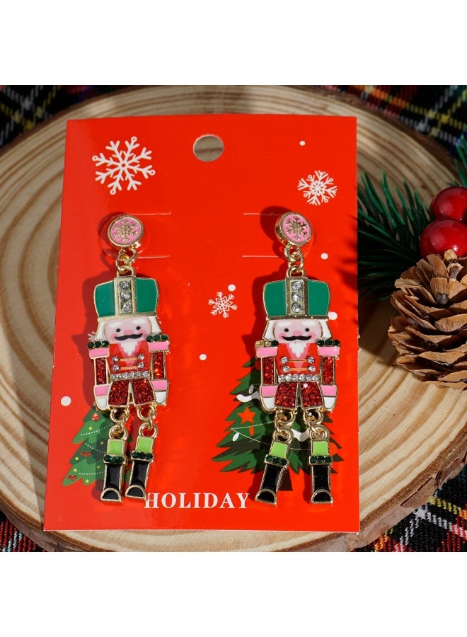 FOLAI Christmas Holiday Nutcracker Earrings Enamel and Rhinestones Dangly In Pinks - Image 2