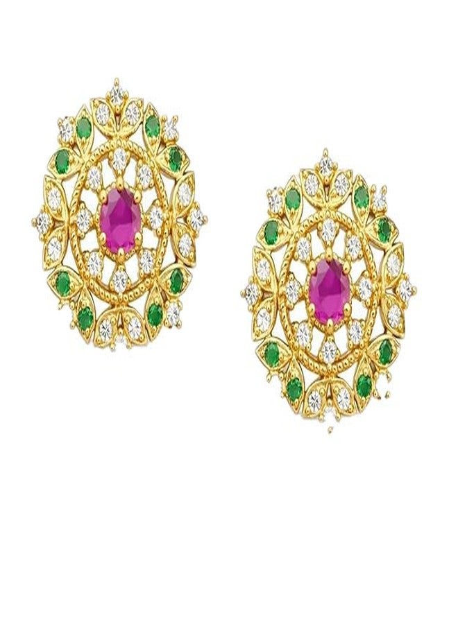 Ruvee Gold Plated Traditional Stud Earrings for Women | Red & Green Stone Screw Back Earrings | Ethnic Bridal Wear Jewelry (Floral) - Image 1