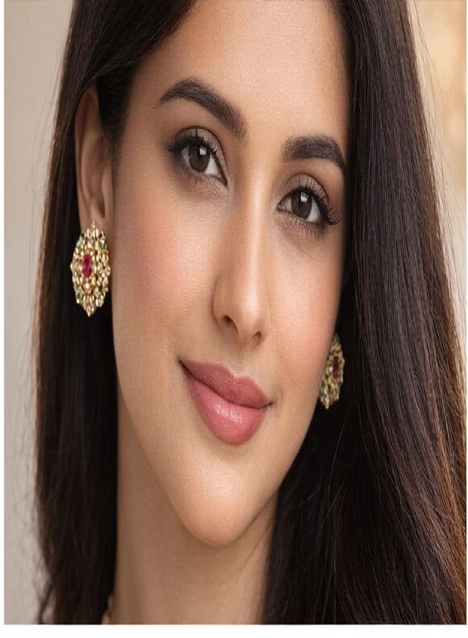 Ruvee Gold Plated Traditional Stud Earrings for Women | Red & Green Stone Screw Back Earrings | Ethnic Bridal Wear Jewelry (Floral) - Image 5