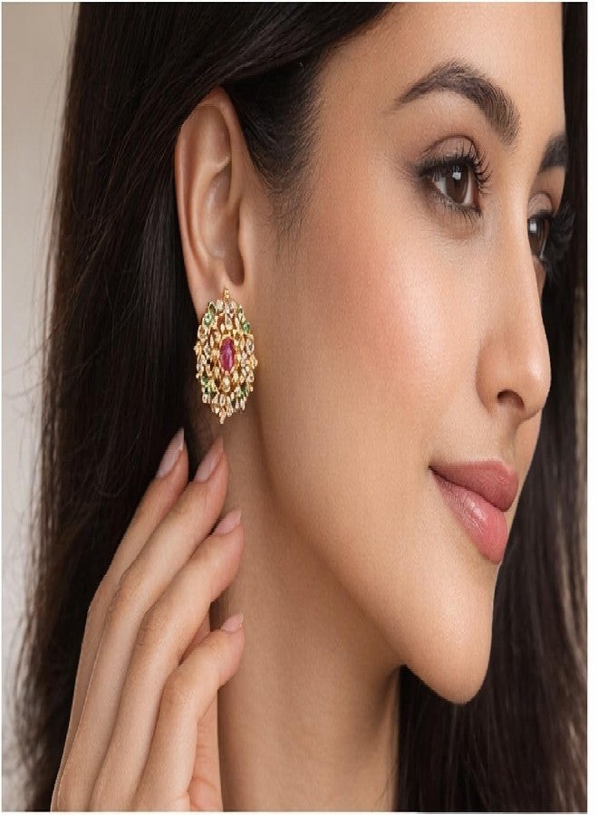 Ruvee Gold Plated Traditional Stud Earrings for Women | Red & Green Stone Screw Back Earrings | Ethnic Bridal Wear Jewelry (Floral) - Image 4