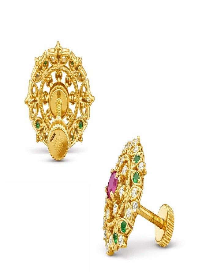Ruvee Gold Plated Traditional Stud Earrings for Women | Red & Green Stone Screw Back Earrings | Ethnic Bridal Wear Jewelry (Floral) - Image 3