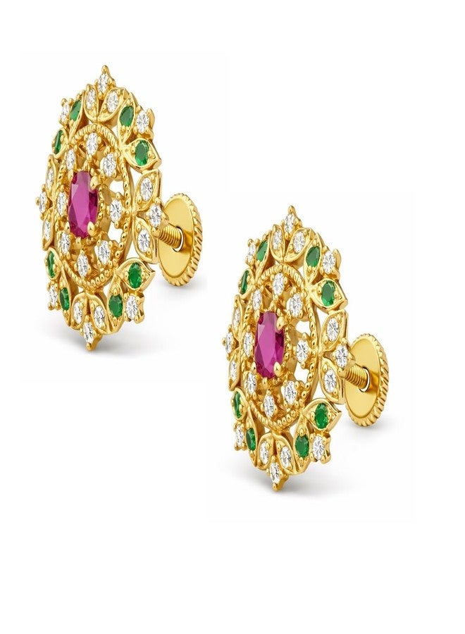 Ruvee Gold Plated Traditional Stud Earrings for Women | Red & Green Stone Screw Back Earrings | Ethnic Bridal Wear Jewelry (Floral) - Image 2