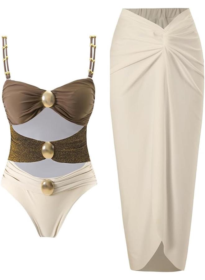 Y&D Women's One Piece Swimsuit with Cover up Set Beach Wrap Skirt Retro Bikini Set Two Piece Bathing Suit with Cover up - Image 1