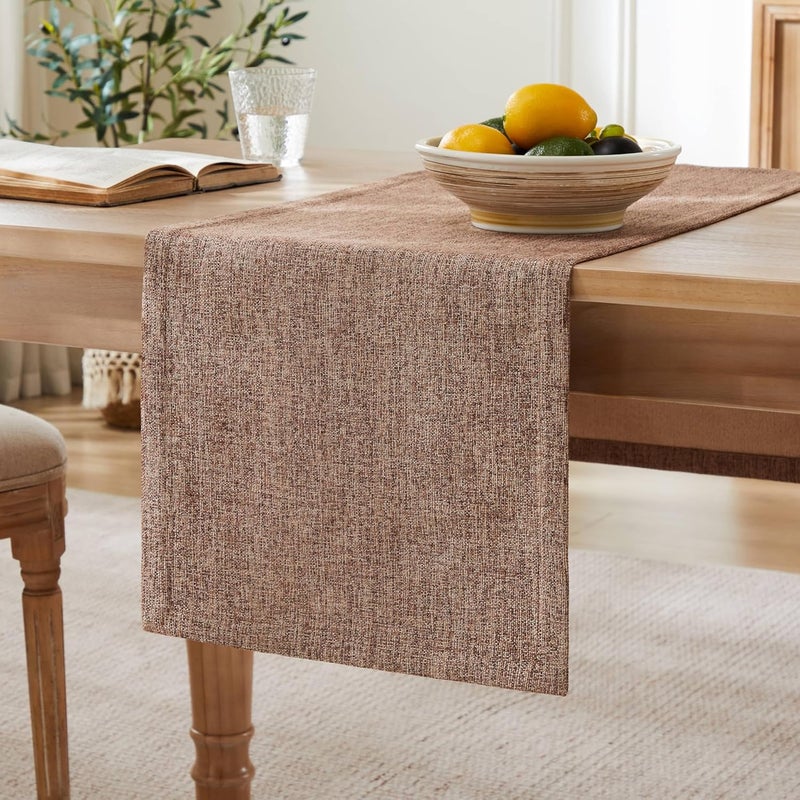 ZeeMart Burlap Style Farmhouse Table Runners 90 Inches Long, Brown Rustic Woven Coffee Table Runner for Everyday Use, 14x90 Inches, Brown - Image 1