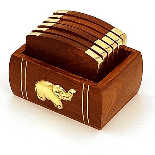 Zyntix Wooden & Brass Coaster Set for Office Table Decoration Items | Antique Items | Elegant & Functional Coaster Set | Ideal for Home & Office Decor Idea - Image 1