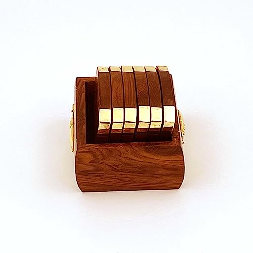 Zyntix Wooden & Brass Coaster Set for Office Table Decoration Items | Antique Items | Elegant & Functional Coaster Set | Ideal for Home & Office Decor Idea - Image 5