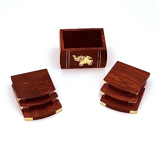 Zyntix Wooden & Brass Coaster Set for Office Table Decoration Items | Antique Items | Elegant & Functional Coaster Set | Ideal for Home & Office Decor Idea - Image 2