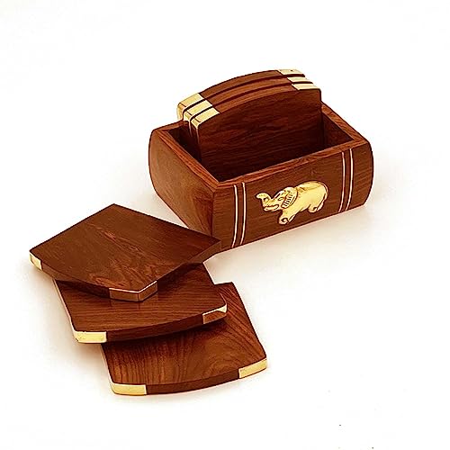 Zyntix Wooden & Brass Coaster Set for Office Table Decoration Items | Antique Items | Elegant & Functional Coaster Set | Ideal for Home & Office Decor Idea - Image 4