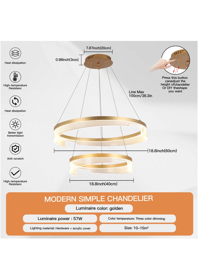 Modern Chandelier Modern LED Chandelier Acrylic Adjustable Height Chandelier Lighting Fixture Ceiling Hanging Modern LED Pendant Light,57W,3000K-6000K,Coverage area 10-15㎡