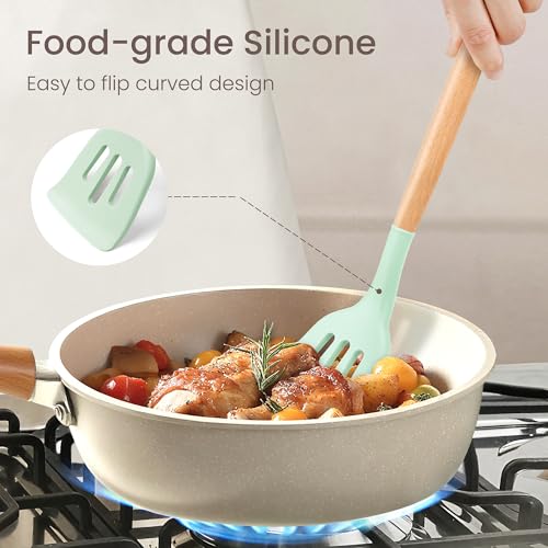 NCUE Silicone Cooking Utensils Set with Holder, BPA Free Kitchen Utensils Set for Cooking, 446°F Spatulas Silicone Heat Resistant Wooden Handle Spoon Tongs Non-stick Kitchen Gadgets (Light Green) - Image 5
