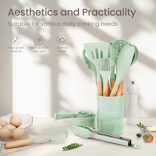 NCUE Silicone Cooking Utensils Set with Holder, BPA Free Kitchen Utensils Set for Cooking, 446°F Spatulas Silicone Heat Resistant Wooden Handle Spoon Tongs Non-stick Kitchen Gadgets (Light Green) - Image 2