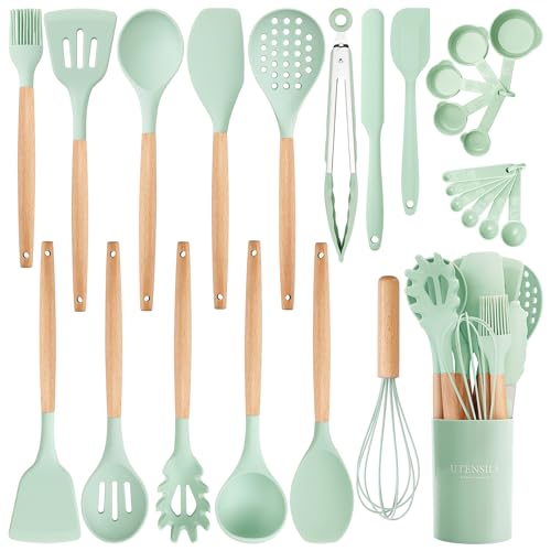NCUE Silicone Cooking Utensils Set with Holder, BPA Free Kitchen Utensils Set for Cooking, 446°F Spatulas Silicone Heat Resistant Wooden Handle Spoon Tongs Non-stick Kitchen Gadgets (Light Green) - Image 1