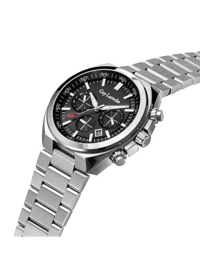 Guy Laroche Baptiste Black Dial Silver Metal Bracelet Chronograph Watch for Men 44mm