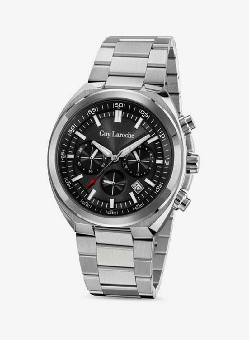 Guy Laroche Baptiste Black Dial Silver Metal Bracelet Chronograph Watch for Men 44mm - Image 1