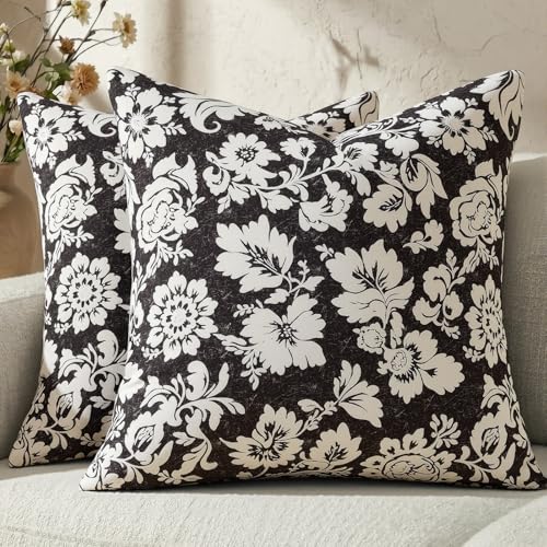 MUSSEL Vintage Floral Pillow Covers 18x18：Black Decorative Throw Pillow Patterned Covers Neutral Modern Farmhouse Square Cushions 100% Cotton Accent Covers for Sofa Bed Living Room Pillowcases Set of 2 - Image 1