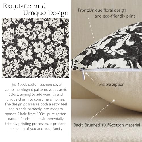 MUSSEL Vintage Floral Pillow Covers 18x18：Black Decorative Throw Pillow Patterned Covers Neutral Modern Farmhouse Square Cushions 100% Cotton Accent Covers for Sofa Bed Living Room Pillowcases Set of 2 - Image 4