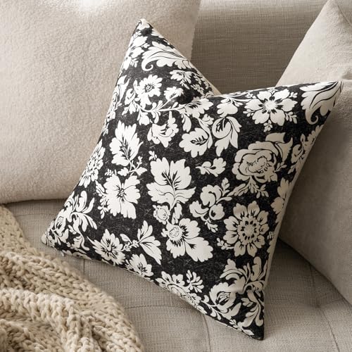MUSSEL Vintage Floral Pillow Covers 18x18：Black Decorative Throw Pillow Patterned Covers Neutral Modern Farmhouse Square Cushions 100% Cotton Accent Covers for Sofa Bed Living Room Pillowcases Set of 2 - Image 5