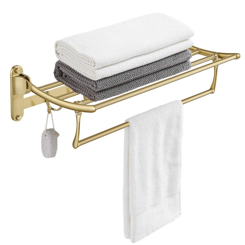 BESy 24 Inch Brushed Gold Towel Racks Bathroom Towel Shelf with Foldable Towel Bar Holder and Towel Hooks Wall Mounted Multifunctional Bathroom Accessories Double Towel Bars