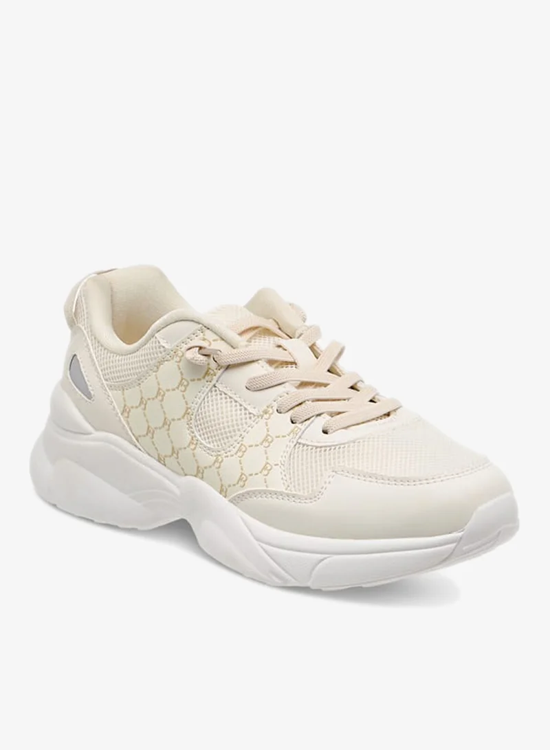 Flora Bella By Shoexpress Women Monogram Print Ankle Sneakers with Lace-Up Closure