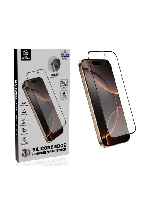 Maxwell 3D Silicone Edge HD Privacy Screen Protector Compatible with iPhone 16 Pro Crystal Clear, Anti-Static, Anti-Reflection, 0.33 mm Raised Protection, Easy to Install, Non Bubble Installation