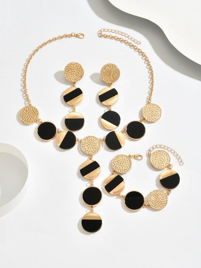 Take Two Gold Tone Geometric Disc Necklace with Earrings Set - Image 4
