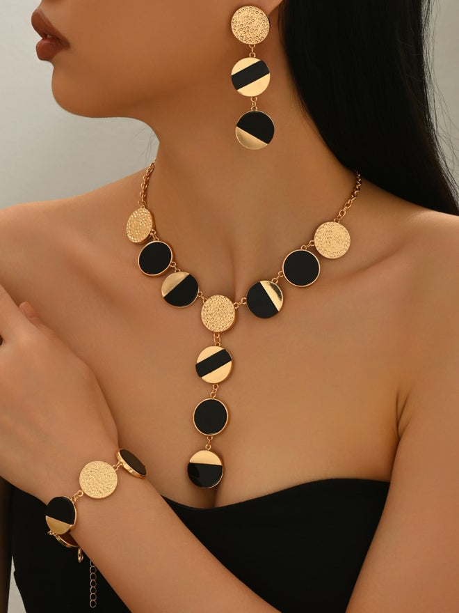 Take Two Gold Tone Geometric Disc Necklace with Earrings Set - Image 2