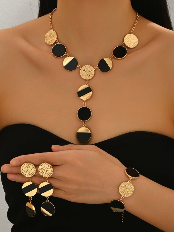 Take Two Gold Tone Geometric Disc Necklace with Earrings Set - Image 1