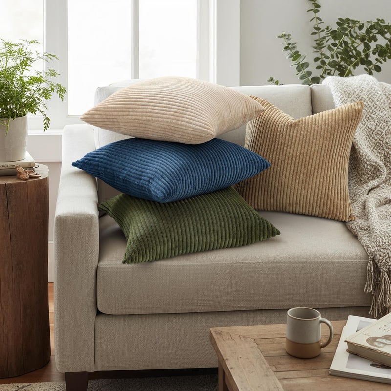 Mecatny Corduroy Decorative Throw Pillow Covers 18x18 Set of 2 for Sofa Living Room, Soft Neutral Boho Couch Pillow Covers for Home Decor, Olive Green - Image 2