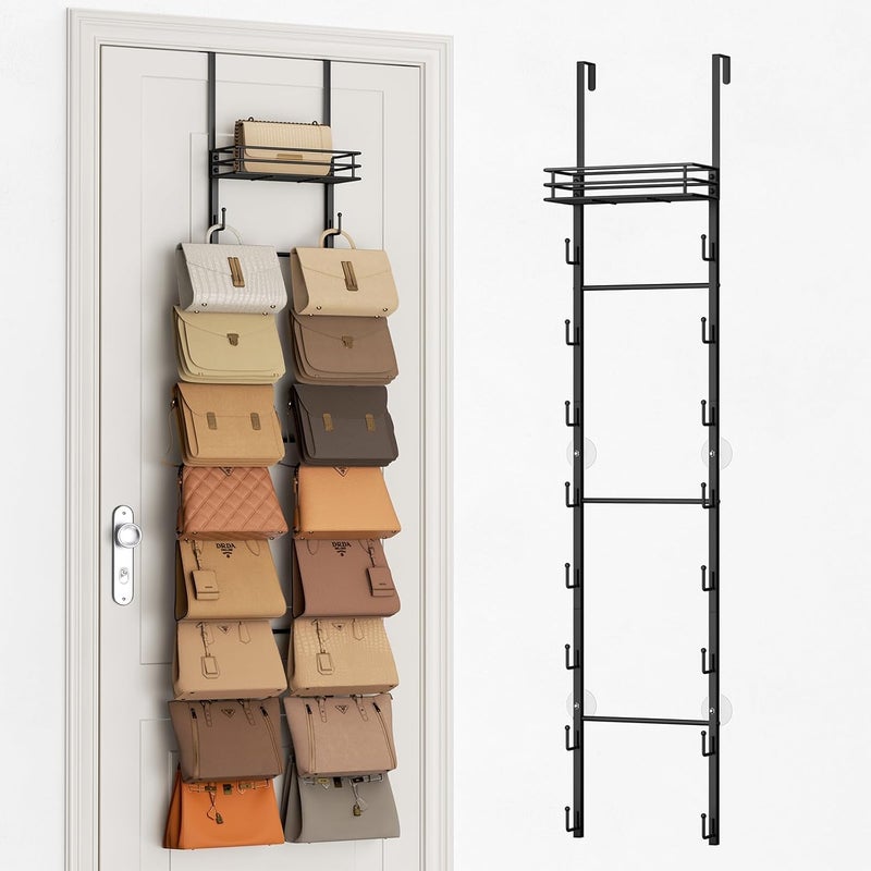 LBMT Over the Door Purse Organizer with 16 Hooks and Metal Basket - Black - Image 1