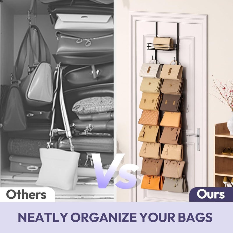 LBMT Over the Door Purse Organizer with 16 Hooks and Metal Basket - Black - Image 4