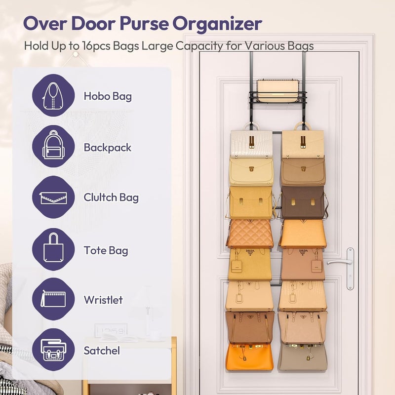 LBMT Over the Door Purse Organizer with 16 Hooks and Metal Basket - Black - Image 3