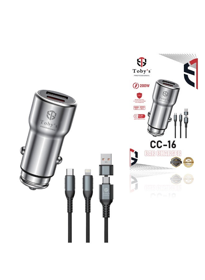 توبيز شاحن سيارة توبي الاحترافي CC-16 بقوة 200 واط مزود بمنفذي USB-C و USB-A - حماية متعددة (من التيار الزائد/الجهد الزائد/ارتفاع درجة الحرارة)، نطاق إدخال واسع من 12 إلى 24 فولت، شحن سريع لأجهزة iPhone و Android وأجهزة الكمبيوتر المحمولة وغيرها - Image 1