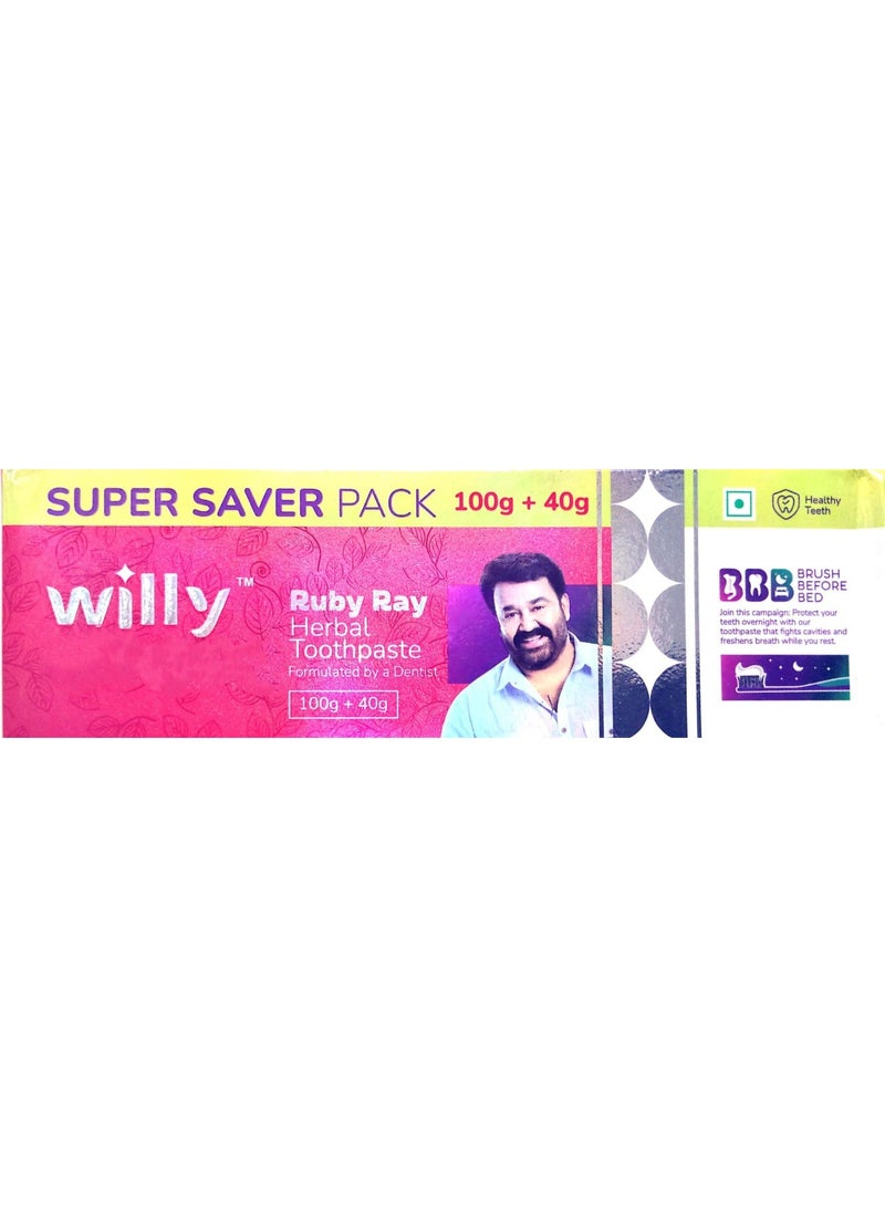 Willy Ruby Ray Herbal Toothpaste Super Saver Pack 140g (100g + 40g) – Natural Oral Care & Fresh Breath - Image 1
