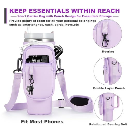 BULKITEM Water Bottle Carrier Bag with Phone Pocket for Purple Stanley 40 oz Tumbler with Handle, Purple Insulated Neoprene Cup Holder Pouch Strap for Stanley Cup Accessories - Image 3