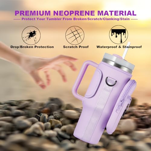 BULKITEM Water Bottle Carrier Bag with Phone Pocket for Purple Stanley 40 oz Tumbler with Handle, Purple Insulated Neoprene Cup Holder Pouch Strap for Stanley Cup Accessories - Image 4