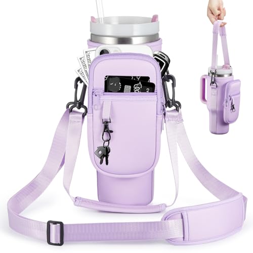 BULKITEM Water Bottle Carrier Bag with Phone Pocket for Purple Stanley 40 oz Tumbler with Handle, Purple Insulated Neoprene Cup Holder Pouch Strap for Stanley Cup Accessories - Image 1