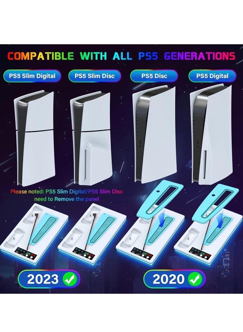 اكسيموس حامل تبريد لجهاز PS5 Standard/Slim/Pro مع قاعدة شحن مزدوجة للذراع بأنوار LED، مناسب لجهاز بلاي ستيشن 5 Slim و Standard قرص/رقمي، ملحقات PS5، يتضمن شاحن ذراع ومروحة توربو وموزع 3 منافذ USB (باللون الأبيض) - Image 4