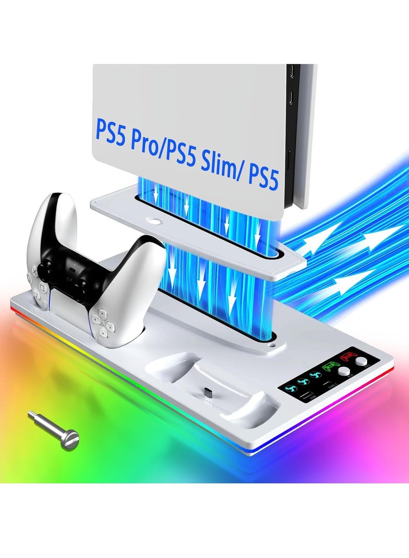 اكسيموس حامل تبريد لجهاز PS5 Standard/Slim/Pro مع قاعدة شحن مزدوجة للذراع بأنوار LED، مناسب لجهاز بلاي ستيشن 5 Slim و Standard قرص/رقمي، ملحقات PS5، يتضمن شاحن ذراع ومروحة توربو وموزع 3 منافذ USB (باللون الأبيض) - Image 1