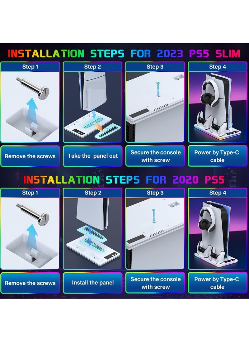 اكسيموس حامل تبريد لجهاز PS5 Standard/Slim/Pro مع قاعدة شحن مزدوجة للذراع بأنوار LED، مناسب لجهاز بلاي ستيشن 5 Slim و Standard قرص/رقمي، ملحقات PS5، يتضمن شاحن ذراع ومروحة توربو وموزع 3 منافذ USB (باللون الأبيض) - Image 5