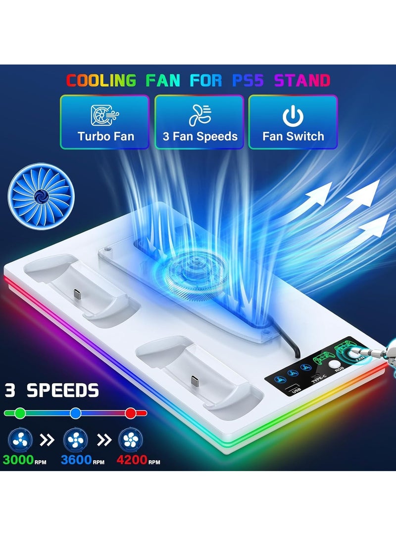 اكسيموس حامل تبريد لجهاز PS5 Standard/Slim/Pro مع قاعدة شحن مزدوجة للذراع بأنوار LED، مناسب لجهاز بلاي ستيشن 5 Slim و Standard قرص/رقمي، ملحقات PS5، يتضمن شاحن ذراع ومروحة توربو وموزع 3 منافذ USB (باللون الأبيض) - Image 2