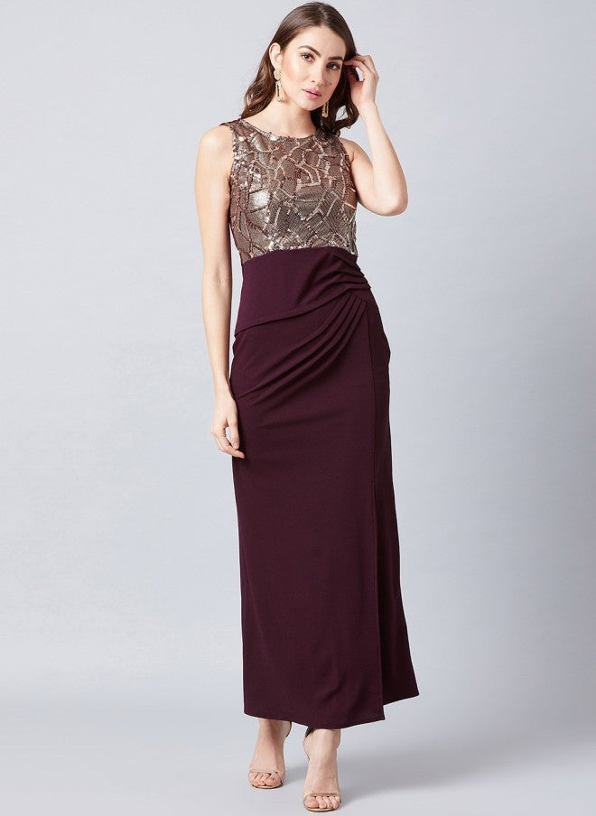 Athena Burgundy & Brown Embellished Maxi Dress for Women - Image 1