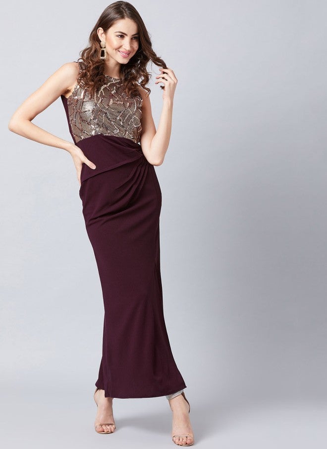Athena Burgundy & Brown Embellished Maxi Dress for Women - Image 5