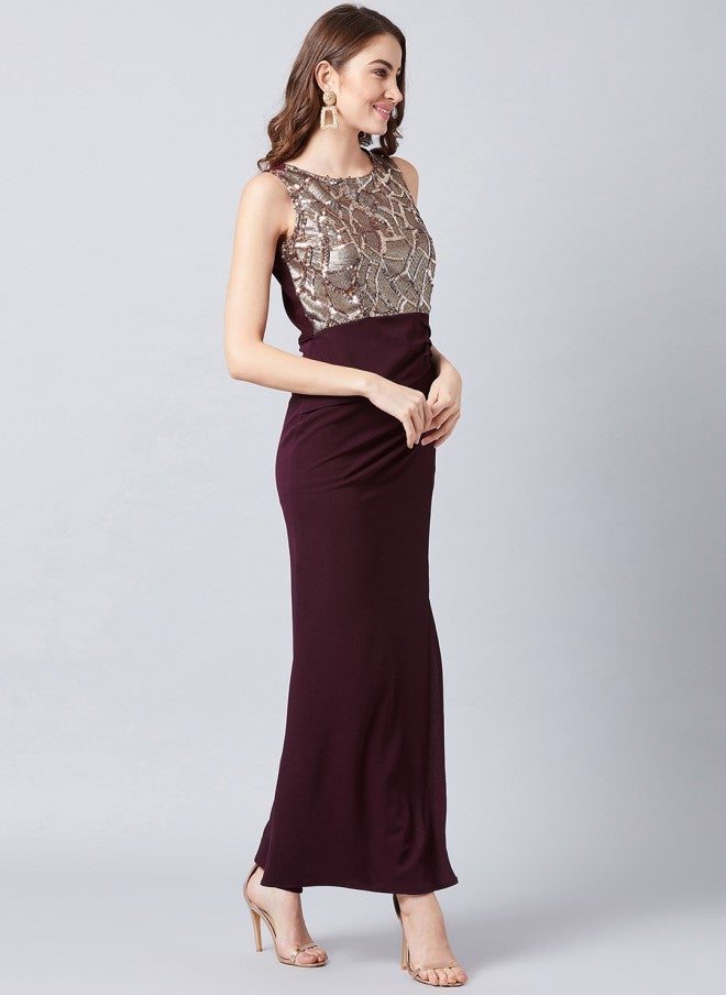 Athena Burgundy & Brown Embellished Maxi Dress for Women - Image 3