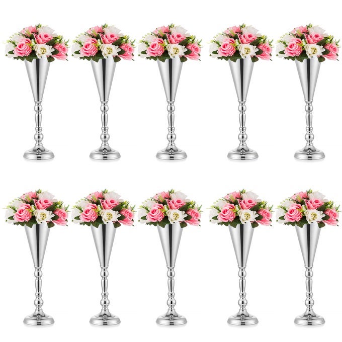 SLIVER VASE CENTERPIECE TABLE DECORATIONS 10 PCS METAL TABLETOP FLOWER STAND WEDDING DECORATIONS FOR RECEPTION 165IN TRUMPET TALL FLOWER VASE FOR BIRTHDAY WEDDINGS ANNIVERSARY HOME DECOR