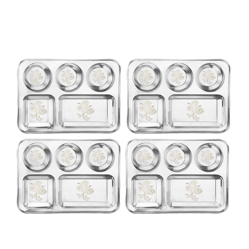 KITCHEN CLUE 304 Grade Steel Dinner Plates With 5 Deep Compartments With Laser Design ROSE - Permanent Laser Engraved - Durable & Unbreakable - Bhojan Thali/Pav Bhaji Plates (Set Of 4 Pcs, 35cm Dia) - Image 1