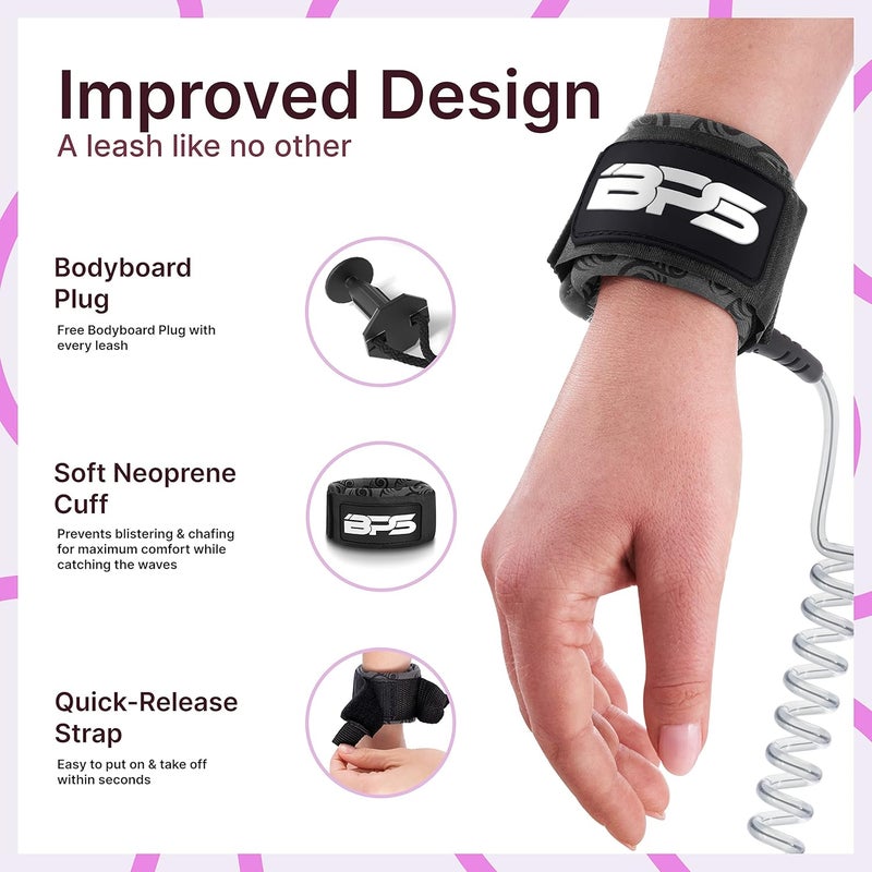 BPS New Zealand ‘Storm’ PRO Bodyboard Leash – Wrist Boogie Board Leashes Premium Coiled Leash with Plug - Image 4