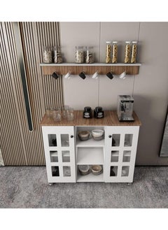 AGD Multipurpose Coffee Corner Cabinet, Kitchen Bakers, with Wooden Spice Rack and Cup Hanging, Perfect for Living Room, Kitchen, Office, White  - Image 1
