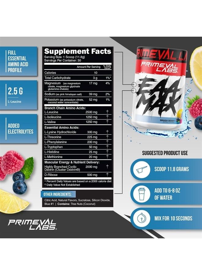 Primeval Labs EAA Max, BCAA Perfect Amino Acid Powder - Pre or Post Workout Muscle Recovery - BCAAs, EAAs, Electrolytes, Supports Hydration & Performance, Keto Friendly (Smashberry) - Image 2
